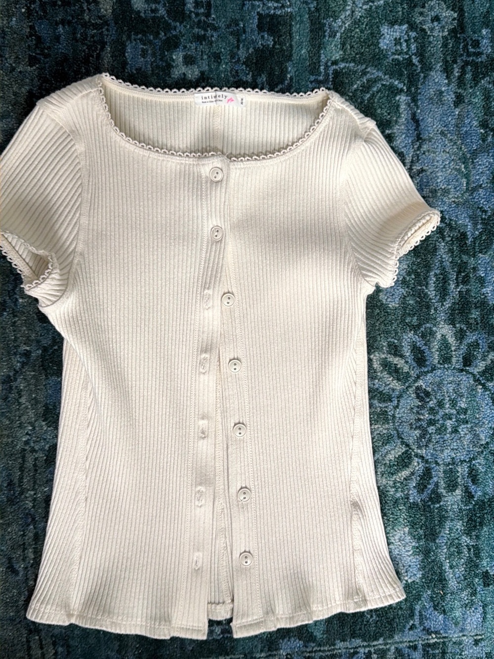 Intimately Free People Ribbed Button-Front Cream Short Sleeve Top